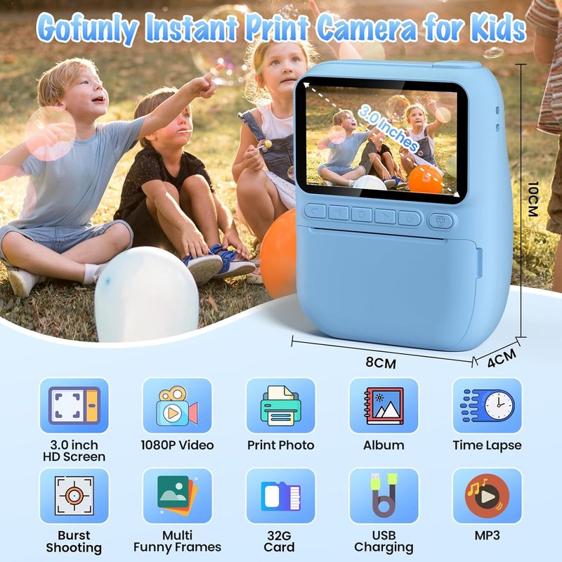 Gofunly Kids Camera Instant Print, 3.0" HD 32MP Birthday Gifts for 3-12 Year Old Girls Boys, 1080P Digital Camera for Toddler Children, Portable Toy with 32GB SD Card-Blue - Image 3